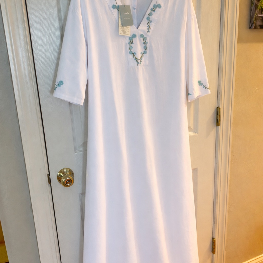 White Lines Dress With Blue Embroidery